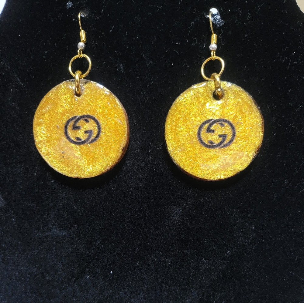 Gold-Tone Round Drop Earrings with Black Logo Accent